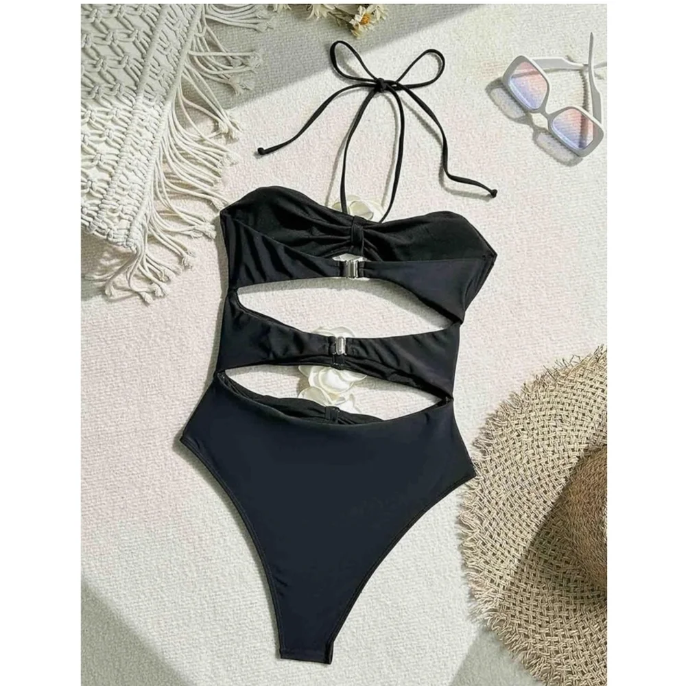 BYINDED - Xl Black Halter One-Piece Swimsuit with Floral Accents - Picture 2 of 11